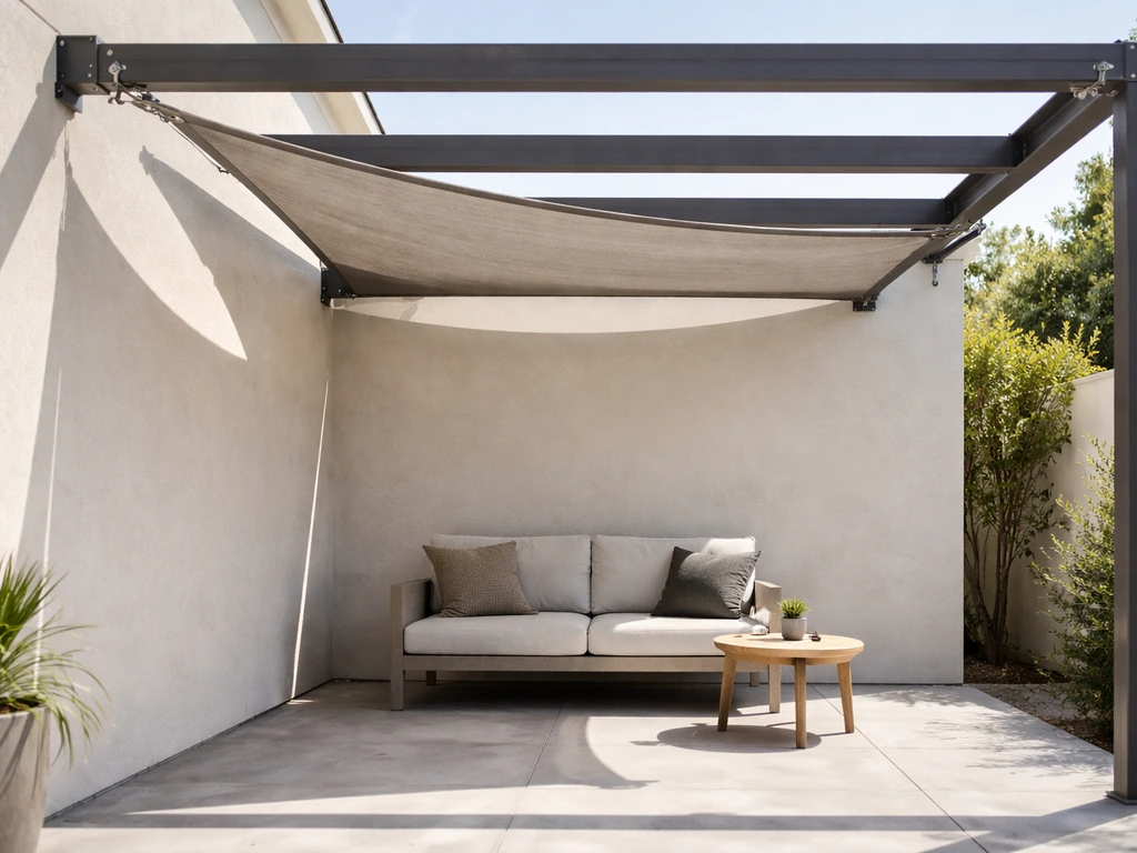 Pergola or sail shade over a patio, showing mounting hardware and a shaded seating area.