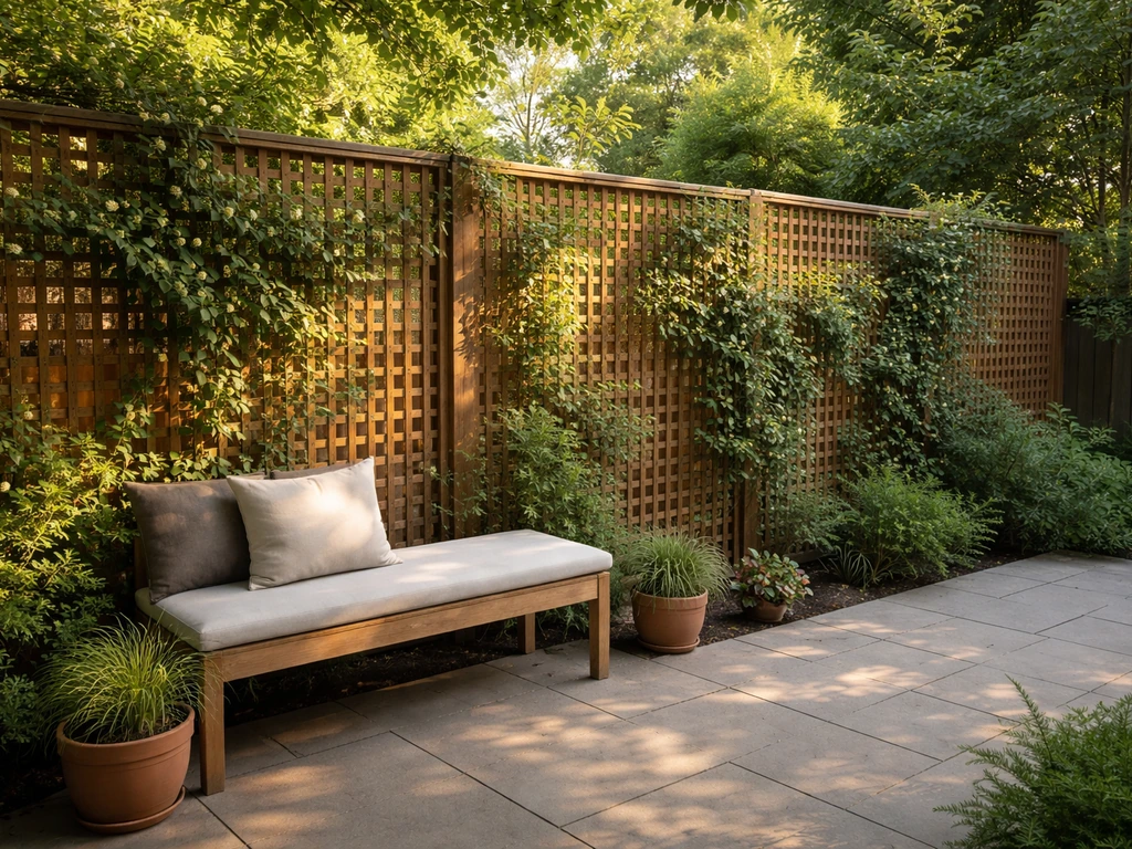 Wooden lattice privacy panels along a patio fence with climbing plants and soft leaf shadows