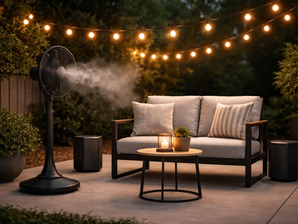 Inviting patio at dusk with a mist cooling fan, warm lights, and outdoor speakers in a cozy setup.