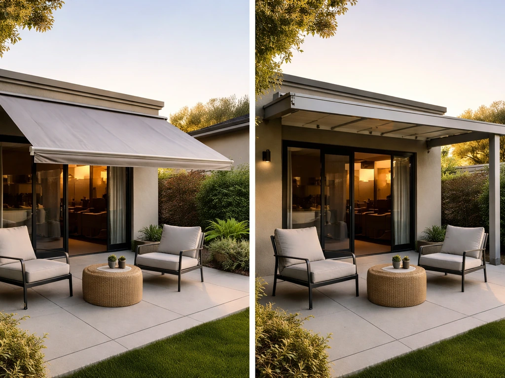 Motorized rolling shade covers a patio seating area, with a fixed cover section visible nearby.