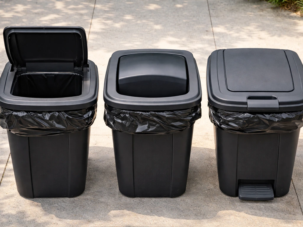 Close-up of three patio trash-can lid types with visible rims and how liners sit at the openings.