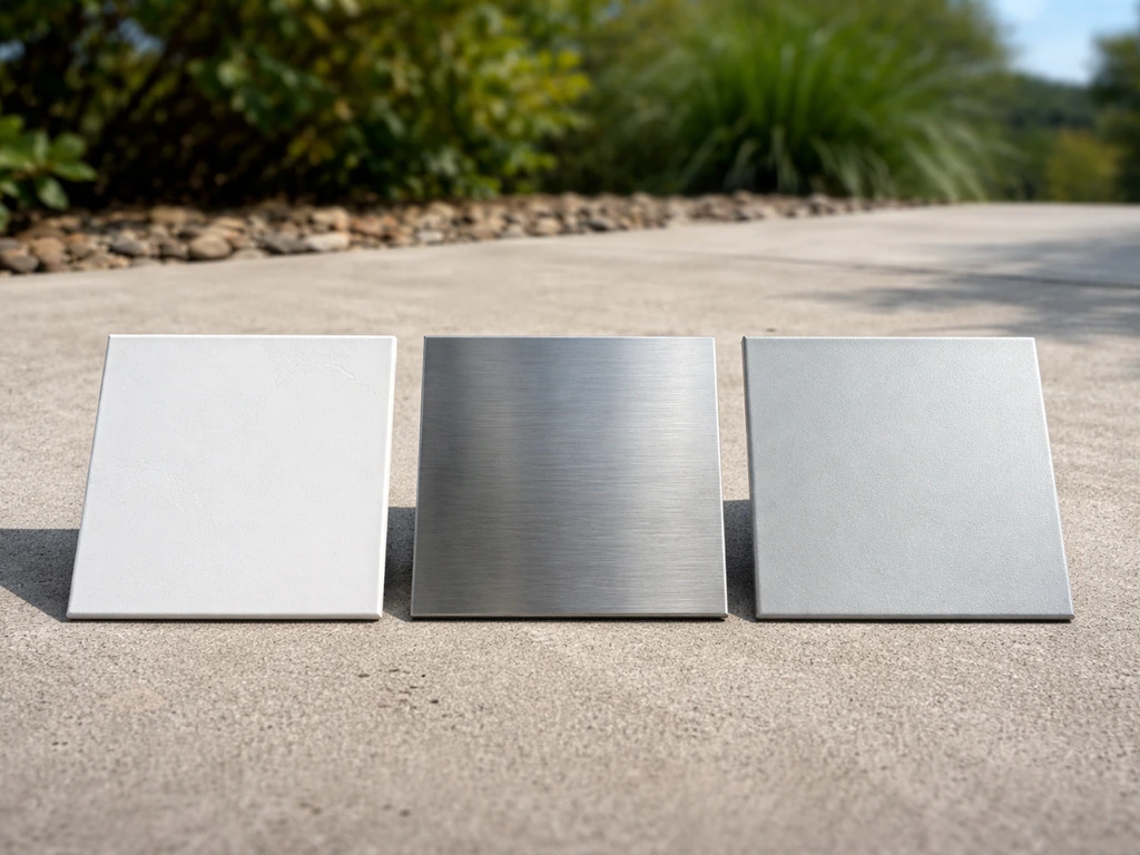 Three material samples—faded cracked plastic, mostly unmarked stainless, and slightly dull aluminum—on a concrete patio.