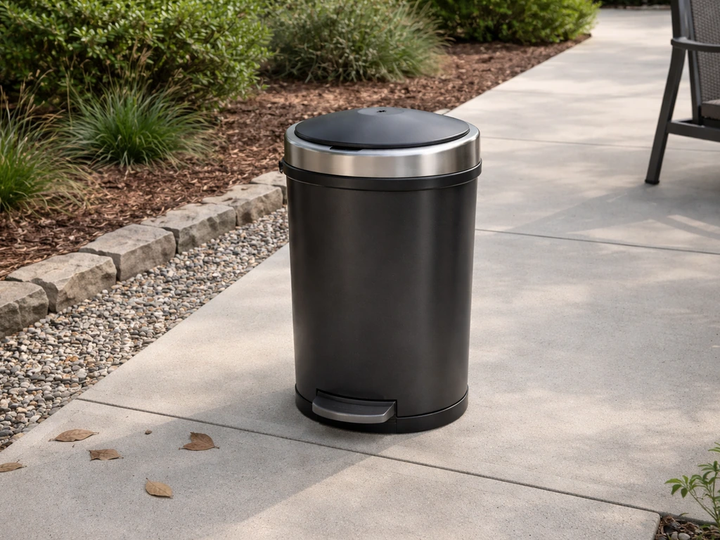 Outdoor patio trash can placed on stable ground, away from seating area with a clear drainage path.